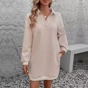 Осеннее модное однотонное платье-толстовка с лацканами S бежевый