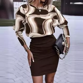 Осеннее модное платье с принтом, талией, круглым вырезом и длинными рукавами S чёрный