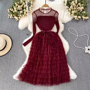 Осеннее модное вечернее платье цвета шампанского для выпускного вечера, женское вязаное платье в стиле пэчворк, сетка в горошек, тюль с оборками на поясе, длинные платья S чёрный