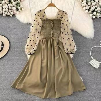 Осеннее нежное стильное темпераментное платье трапециевидной формы с цветочной строчкой и квадратным вырезом на талии для женщин