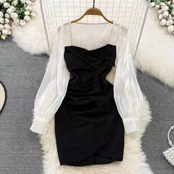 Осеннее нежное ветровое ретро-темпераментное платье с квадратным вырезом и длинными рукавами на талии, тонкое плиссированное платье с разрезом и сумкой на бедрах