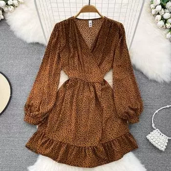 Осеннее нежное ветровое темпераментное платье с длинными рукавами и v-образным вырезом на талии, шнуровкой, тонким леопардовым принтом и рюшами в виде слова