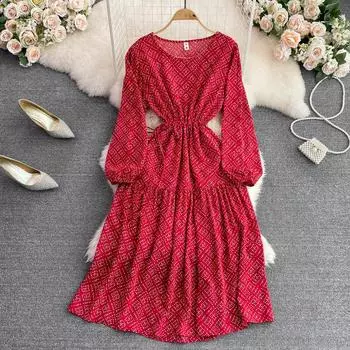 Осеннее нежное ветровое темпераментное платье с круглым вырезом и длинными рукавами на талии для похудения, платье трапециевидной формы с цветочным принтом в виде листьев лотоса