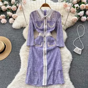 Осеннее нишевое платье Design Sense из тяжелого кружева с полым французским лоскутным воротником и воротником с лацканами