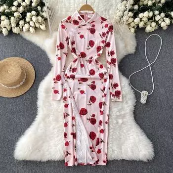 Осеннее нишевое платье в этническом стиле с улучшенной талией Cheongsam для похудения с принтом и разрезом