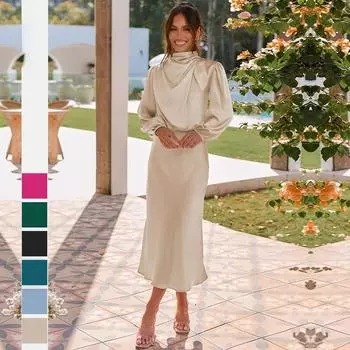 Осеннее новое атласное платье с длинными рукавами, свободное вечернее платье S темно-зеленого