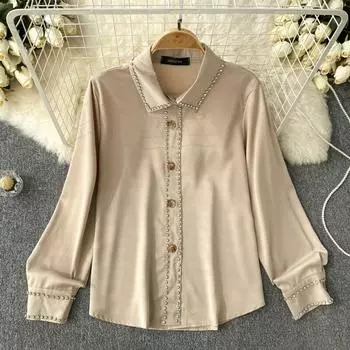 Осеннее новое чувство дизайна. Свободная шикарная блузка с длинными рукавами и бриллиантами в стиле «тяжелые знаменитости» во французском стиле ретро.