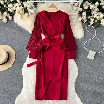 Осеннее новое дизайнерское плиссированное платье с длинными рукавами и завязкой на талии с v-образным вырезом, модное и универсальное тонкое хип-платье с открытой упаковкой