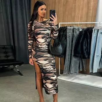 Осеннее новое длинное платье с принтом зебры и разрезом, сексуальное женское платье с круглым вырезом, облегающее винтажное повседневное платье для вечеринок и клуба, элегантное женское платье с высокой талией 25240 S