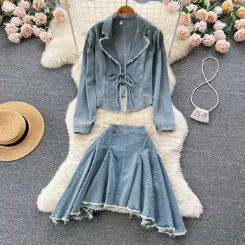 Осеннее новое джинсовое пальто в стиле Salt для девочек, джинсовое пальто с длинными рукавами, топ, юбка с высокой талией, комплект из двух предметов