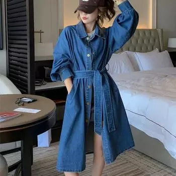 Осеннее новое джинсовое платье с длинными рукавами и темпераментом на талии, с длинными рукавами и принтом One Size светло-синий