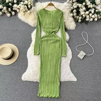 Осеннее новое европейское и американское модное повседневное однотонное платье с круглым вырезом и длинными рукавами, тонкое плиссированное платье на бедрах