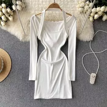 Осеннее новое европейское и американское ветровое облегающее платье с длинными рукавами и висячим вырезом, однотонное облегающее платье