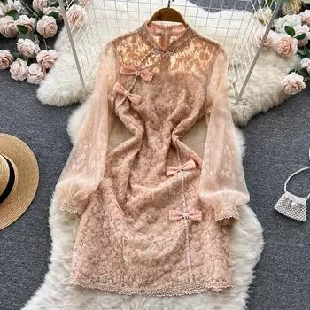 Осеннее новое французское кружевное платье в стиле ретро с бисером Cheongsam, темпераментное тонкое платье с бантом
