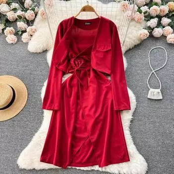 Осеннее новое французское платье в стиле ретро с тонкой талией, нишевый дизайн, смысл, поддельные сексуальные платья нерегулярной формы из двух предметов