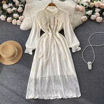 Осеннее новое французское ретро кружевное вышивка на талии с перерывом на чай в длинной части маленького свежего сказочного платья