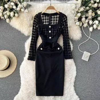 Осеннее новое корейское модное темпераментное элегантное тонкое сексуальное кружевное платье без талии в пакете с бедрами для горячей девушки