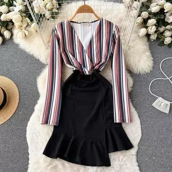 Осеннее новое легкое зрелое ветровое корейское модное темпераментное элегантное тонкое сексуальное полосатое платье с разрезом «рыбий хвост» на бедрах
