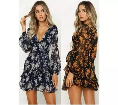 Осеннее новое модное платье с длинными рукавами и цветочным принтом 2XL