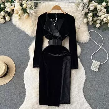 Осеннее новое модное темпераментное кружевное заклинание с лацканами, вечернее платье с открытой талией и бедрами