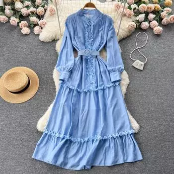 Осеннее новое нишевое дизайнерское кружевное платье с длинными рукавами во французском стиле до колена со свободной талией и большим подолом