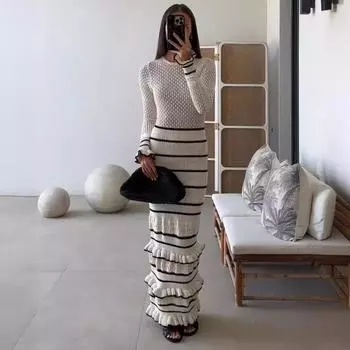 Осеннее новое облегающее сексуальное трикотажное платье с оборками, женское модное зимнее пэчворк элегантное винтажное длинное платье, женские повседневные платья с высокой талией 25131 S белый