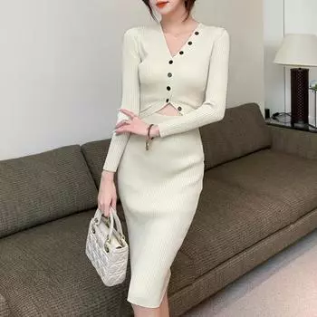 Осеннее новое облегающее темпераментное полое вечернее сексуальное платье для женщин с V-образным вырезом средней длины повседневное трикотажное платье для женщин модные повседневные платья с длинным рукавом 25985 One Size слоновая кость