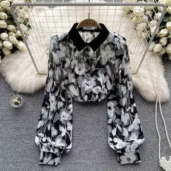 Осеннее новое ощущение дизайна с цветочной нишей, женская рубашка с рукавами-фонариками и принтом