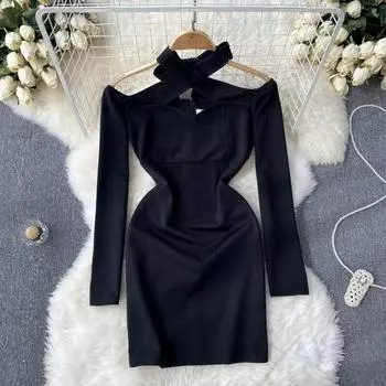 Осеннее новое пикантное французское сексуальное шикарное облегающее платье с перекрестной талией и лямкой на шее