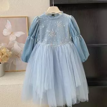 Осеннее Новое Платье на День Рождения Девочки Сетчатое Платье Платье Принцессы 90cm синий
