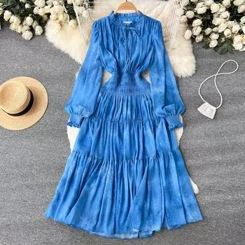 Осеннее новое плиссированное французское тонкое плиссированное платье длиной до колена с длинными рукавами One Size синий