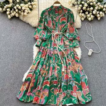 Осеннее новое плиссированное платье во французском стиле в стиле ретро с воротником-пузырьком и принтом S зелёный