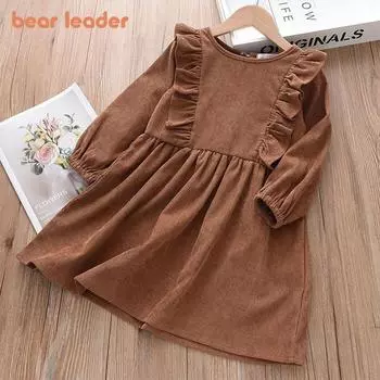 Осеннее новое повседневное однотонное платье Bear Leader для девочек с круглым вырезом и длинными рукавами, модная детская одежда AM1621 4T