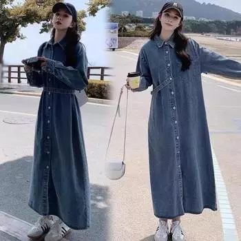 Осеннее новое ретро-темпераментное джинсовое платье с длинными рукавами, свободная и тонкая повседневная рубашка, длинное платье M синий