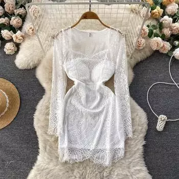 Осеннее новое сексуальное кружевное платье с квадратным вырезом и длинными рукавами, темпераментное тонкое платье в стиле хип Pure Desire