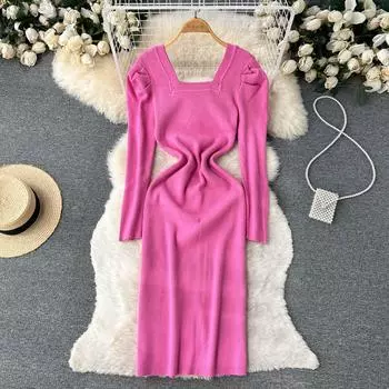 Осеннее новое стильное легкое знакомое платье с пышными рукавами и трикотажной талией, тонкое платье с квадратным воротником