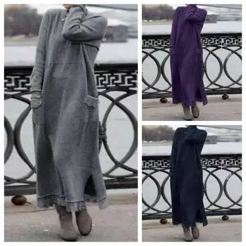 Осеннее Новое Свободное Большое Размер Трикотажное Кружевное Длинное Платье Утепленный Свитер Повседневные Платья XL серый