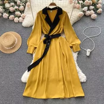 Осеннее новое темпераментное цветное платье с воротником на талии, модное платье средней длины со шнуровкой на талии