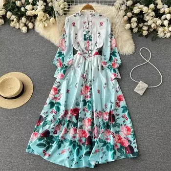 Осеннее новое женское платье до колена с тонким принтом в стиле ретро в стиле ретро