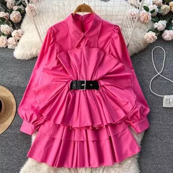 Осеннее новое женское платье средней длины с лацканами и нишевым дизайном с рюшами на талии