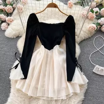 Осеннее новое женское пышное платье Fried Street с французским квадратным воротником и цветными блоками, стильный дизайн, с длинными рукавами