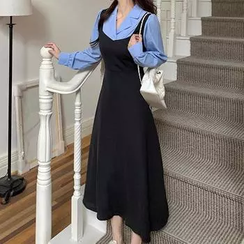 Осеннее облегающее платье с длинным рукавом Женское французское элегантное цветное шитье поддельные платья из двух частей для вечеринок Повседневное свободное платье Vestidos M