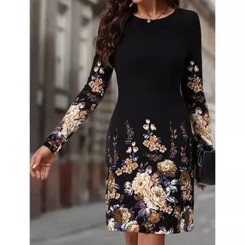 Осеннее облегающее платье с круглым вырезом и длинными рукавами S