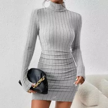 Осеннее облегающее сексуальное короткое платье-свитер с высоким воротом, женское модное зимнее женское трикотажное платье с длинным рукавом, элегантное повседневное платье с высокой талией 25977 S чёрный
