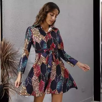 Осеннее однобортное платье с геометрическим узором и шнуровкой, с длинными рукавами S разноцветный