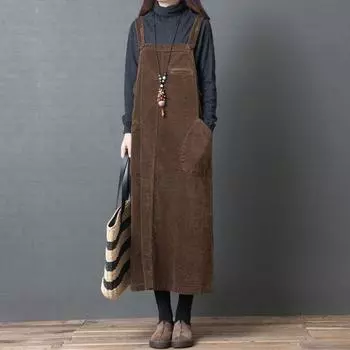 Осеннее однотонное вельветовое литературное ретро-платье для женщин, свободное, большого размера, с ремешком для похудения XXL чёрный