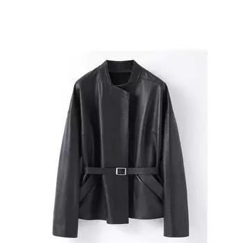 Осеннее пальто из овчины с шагреневой отделкой, женственная короткая кожаная куртка M