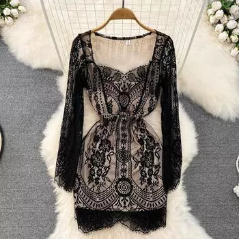 Осеннее пикантное сексуальное платье Pure Desire Wind с длинными рукавами и квадратным вырезом на талии, маленькое короткое кружевное платье на бедрах