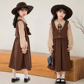 Осеннее платье для девочек 2024 года в студенческом стиле с длинными рукавами для детей среднего и старшего возраста — корейский стиль для мамы и дочки. 150 cm