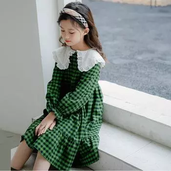 Осеннее платье для девочек, милая клетчатая юбка с кукольным воротником, детское платье принцессы 120cm